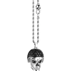 Collana Zancan in argento con pendente teschio biker con pietre nere.