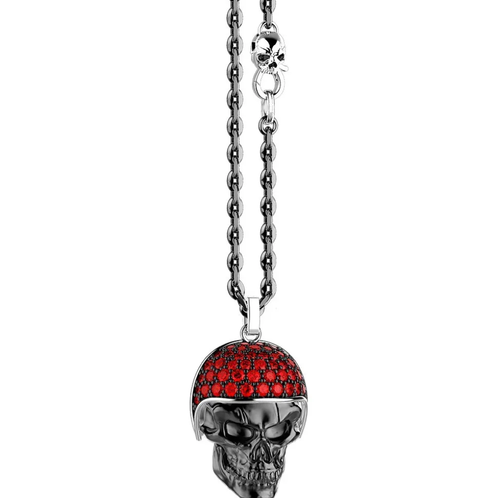 Collana Zancan in argento con pendente teschio biker con pietre rosse.