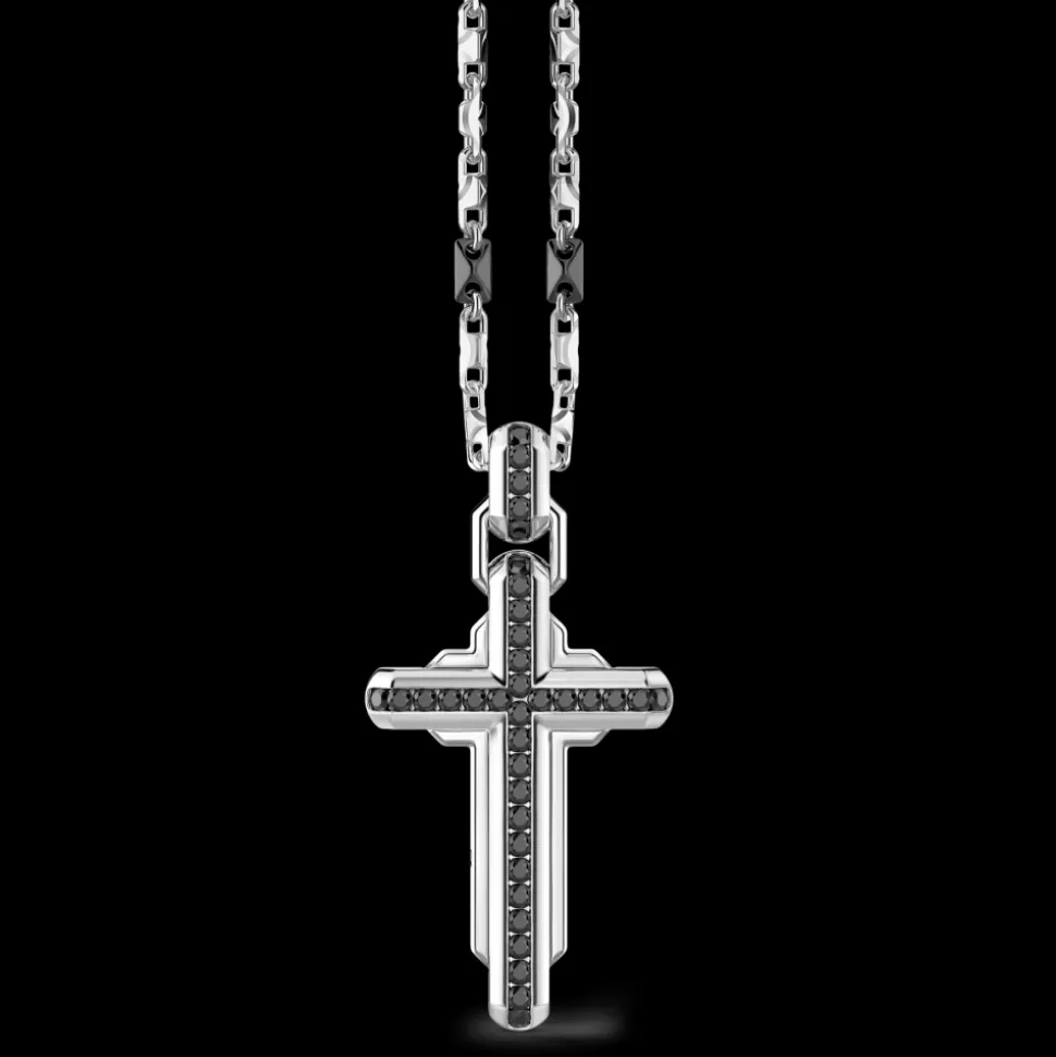 Collana Zancan in argento con pendente a croce e pietre nere.