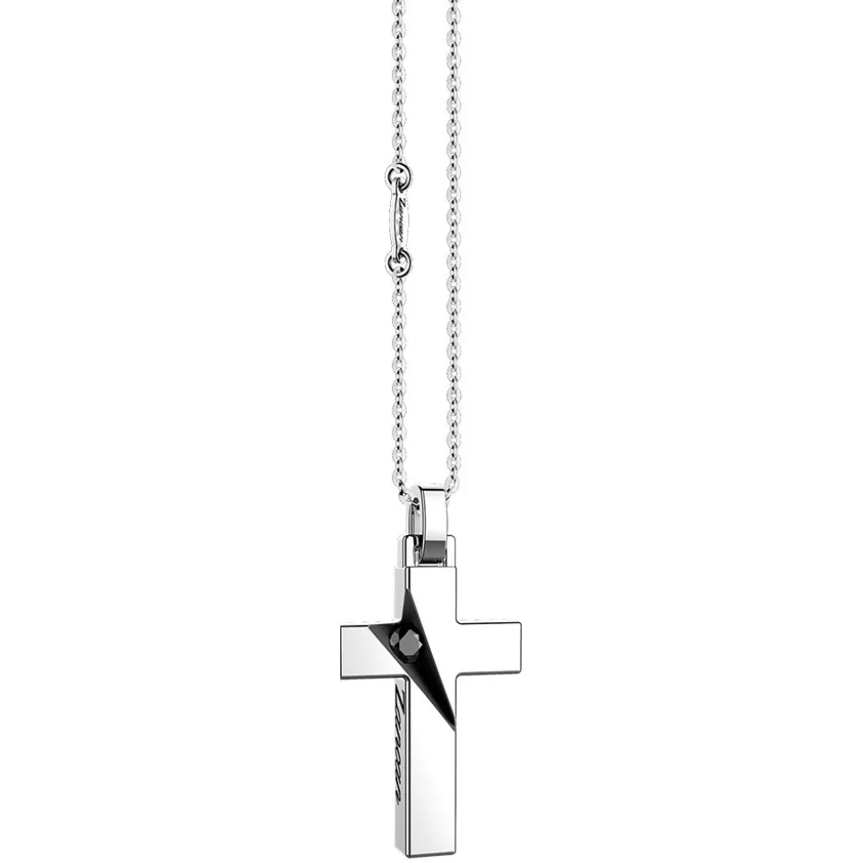 Collana Zancan in argento con pendente a croce e pietre nere.