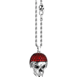 Collana Zancan in argento con pendente teschio biker con pietre rosse.