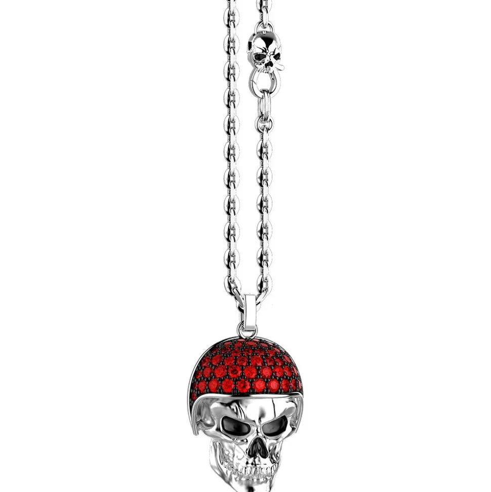 Collana Zancan in argento con pendente teschio biker con pietre rosse.