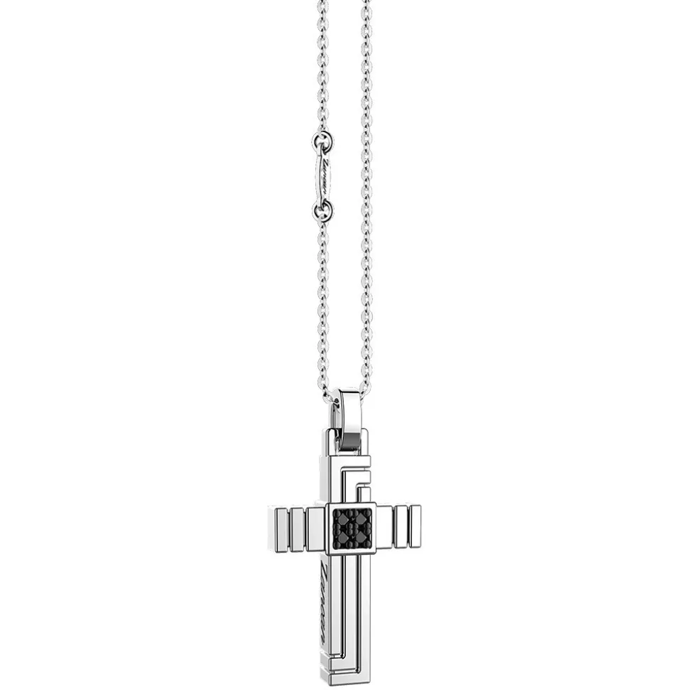 Collana Zancan in argento con pendente a croce e pietre nere.