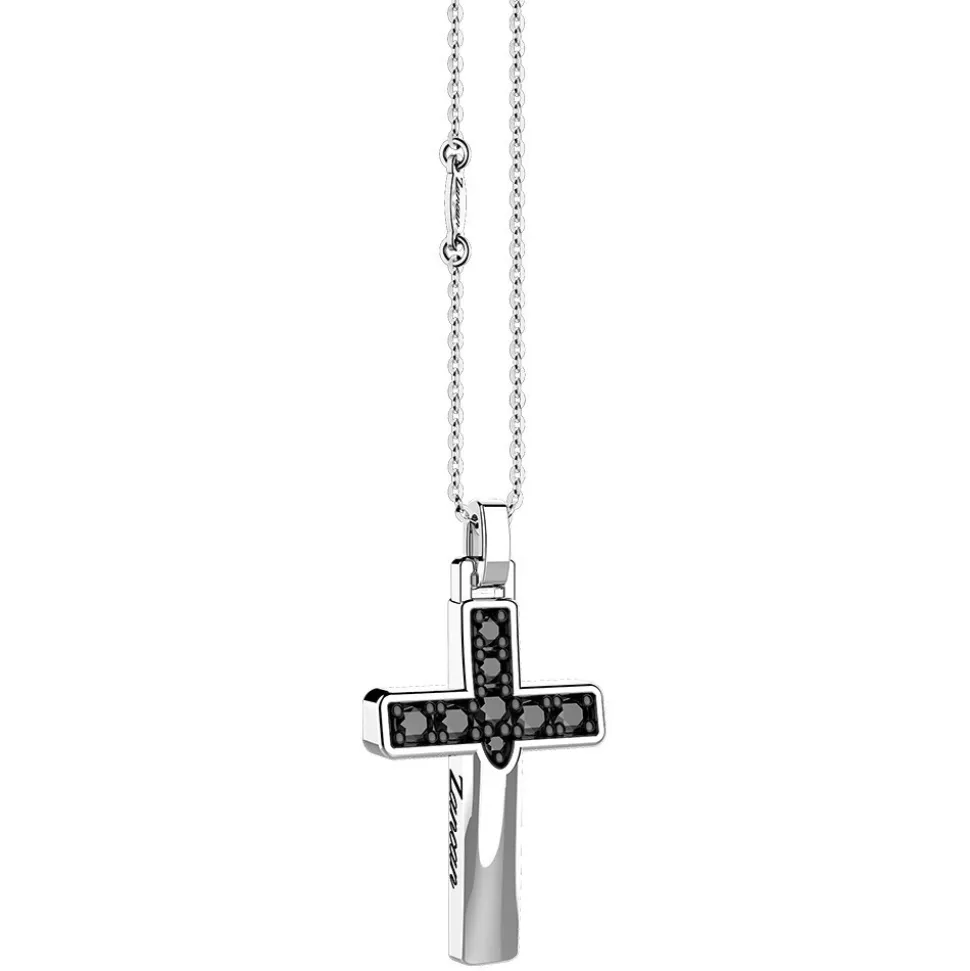 Collana Zancan in argento con pendente a croce e pietre nere.