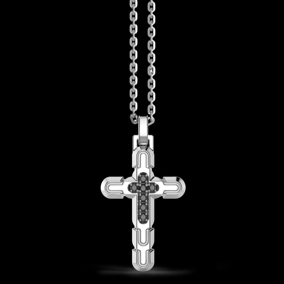 Collana Zancan in argento con pendente a croce e pietre nere.