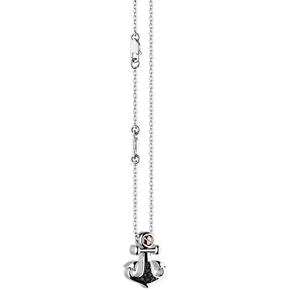 Collana Zancan in argento con pendente ad ancora e pietre nere.