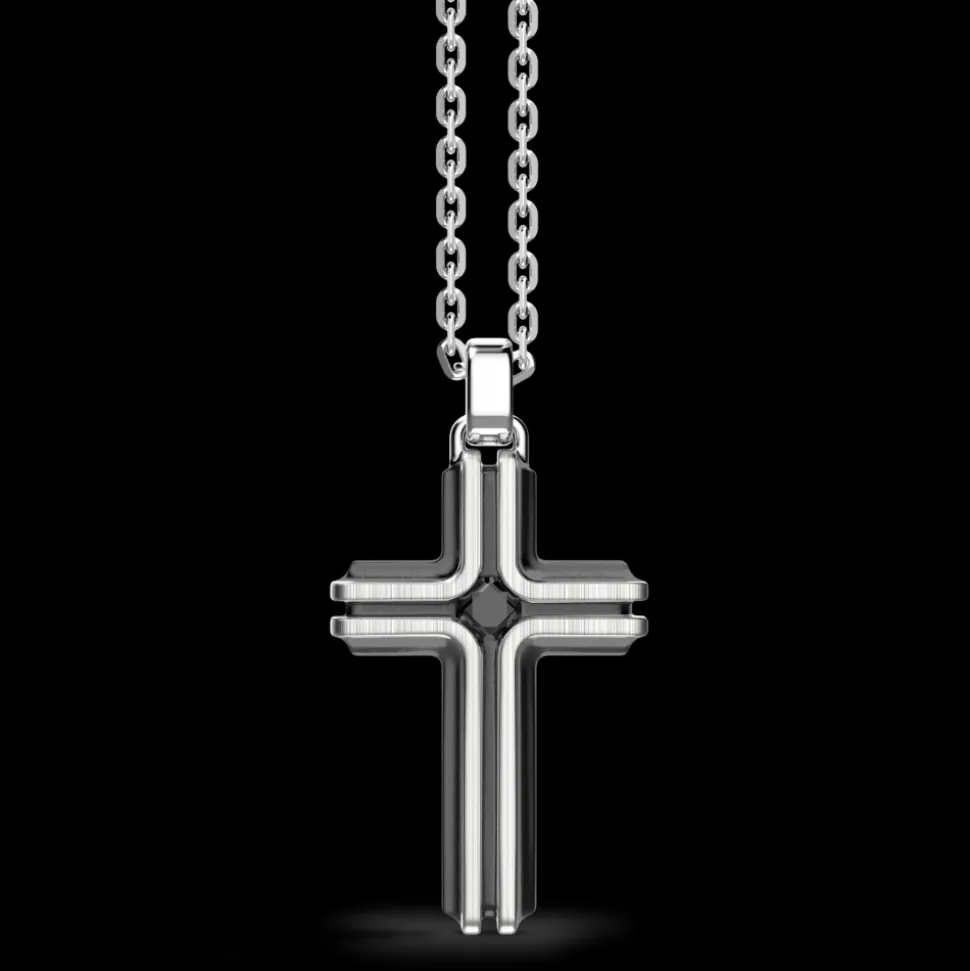 Collana Zancan in argento con pendente a croce e pietra nera.