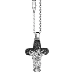 Collana Zancan in argento con pendente a croce con motivo fiammeggiante.