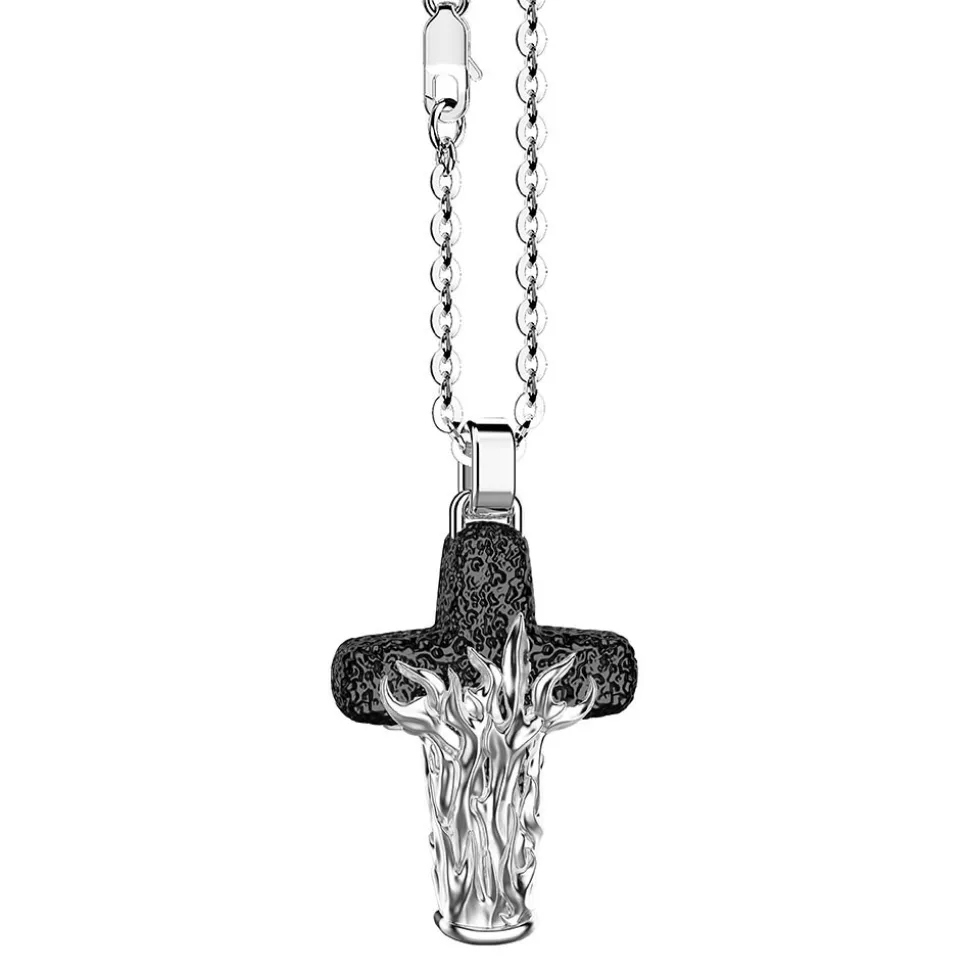 Collana Zancan in argento con pendente a croce con motivo fiammeggiante.