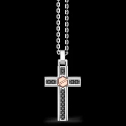 Collana Zancan in argento con pendente a croce vite in oro rosa e pietre nere.