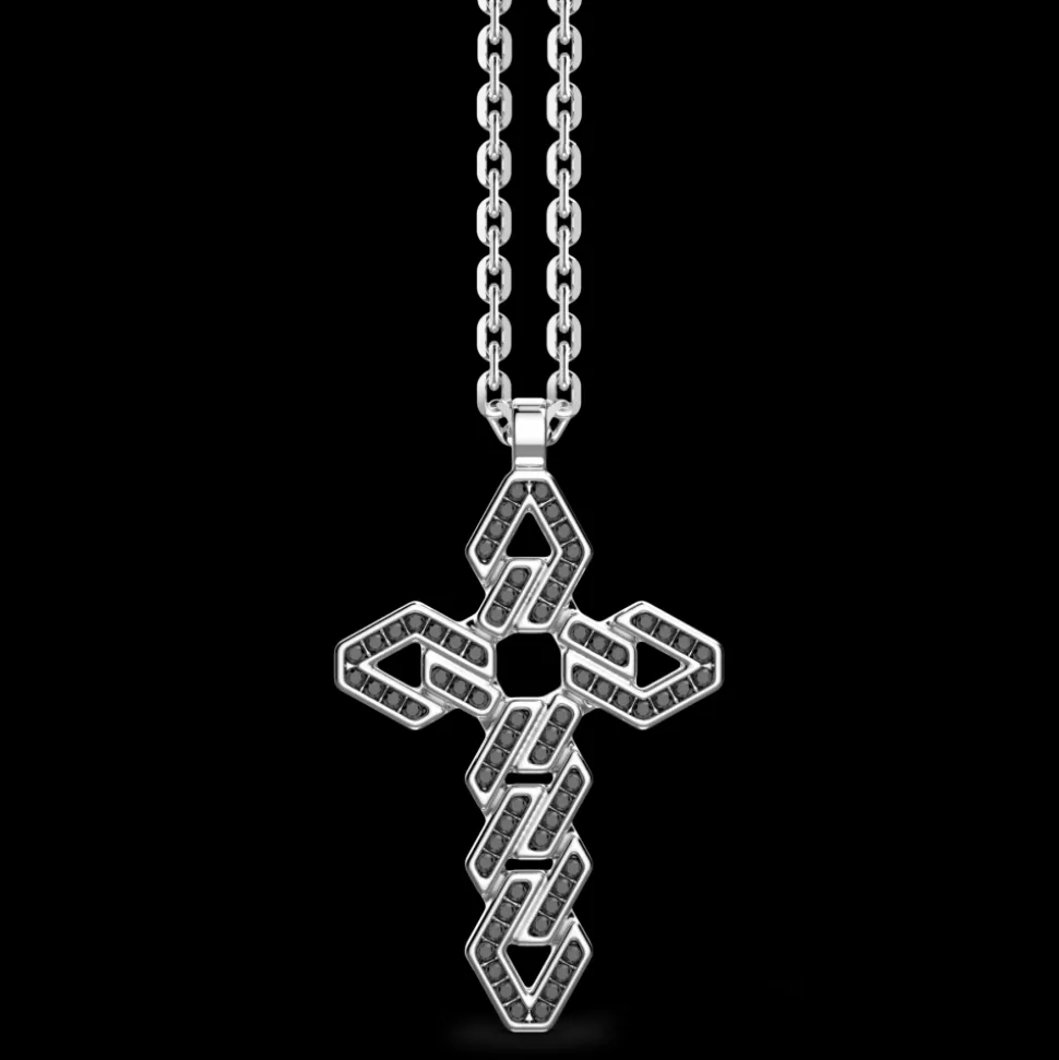 Collana Zancan in argento con pendente a croce e pietre nere.