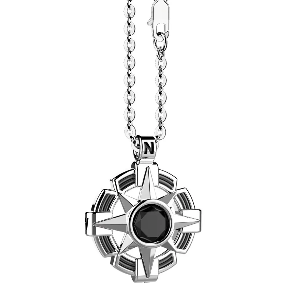 Collana Zancan in argento con pendente a rosa dei venti e pietra nera.