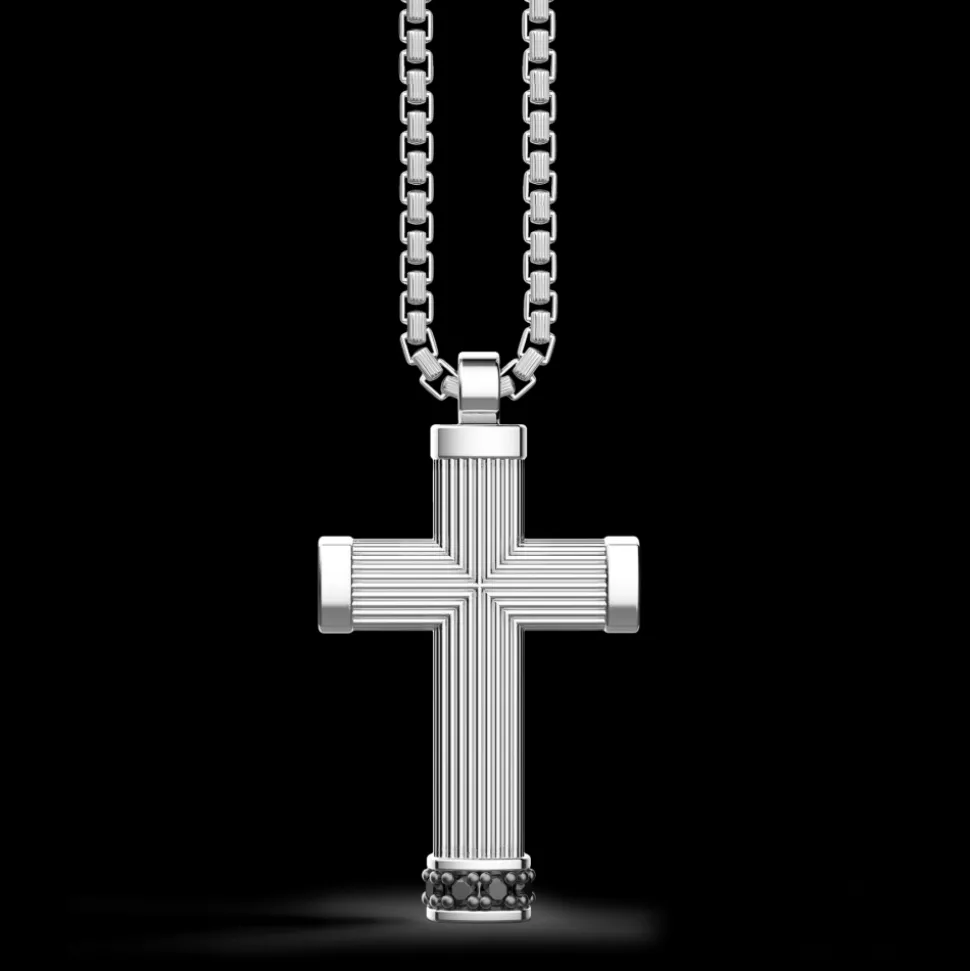 Collana Zancan in argento con pendente a croce e pietre nere.