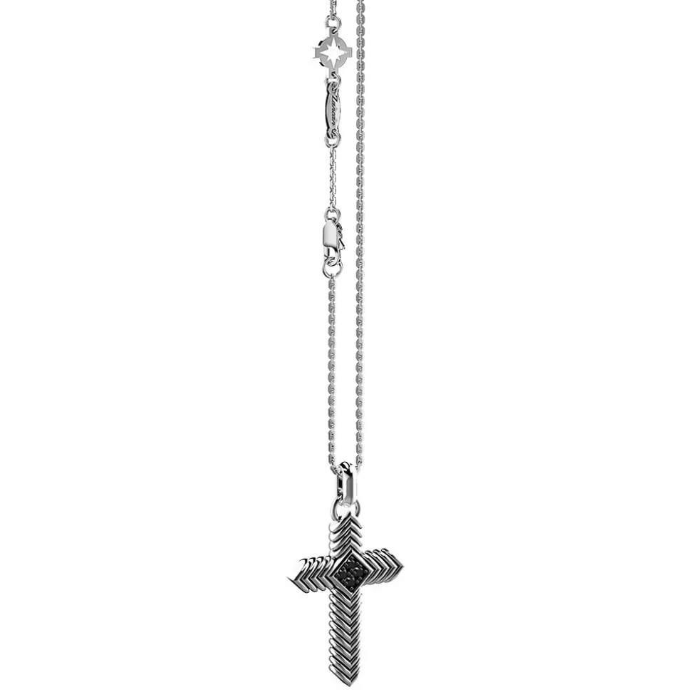 Collana Zancan in argento con pendente a croce e pietre nere.
