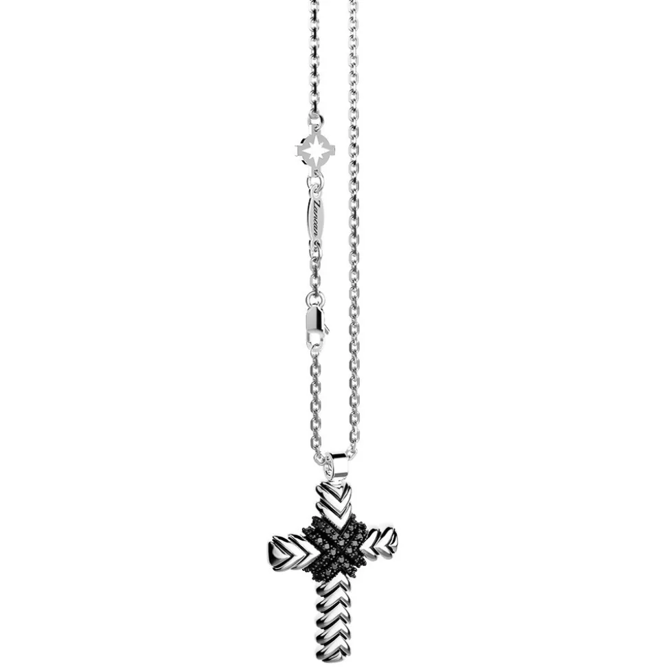 Collana Zancan in argento con pendente a croce e pietre nere.