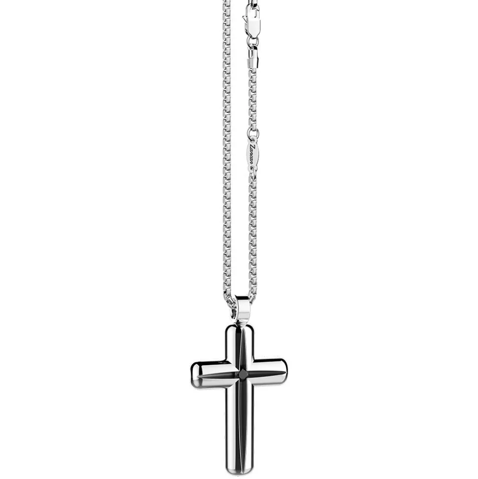 Collana Zancan in argento con pendente a croce e pietra nera.