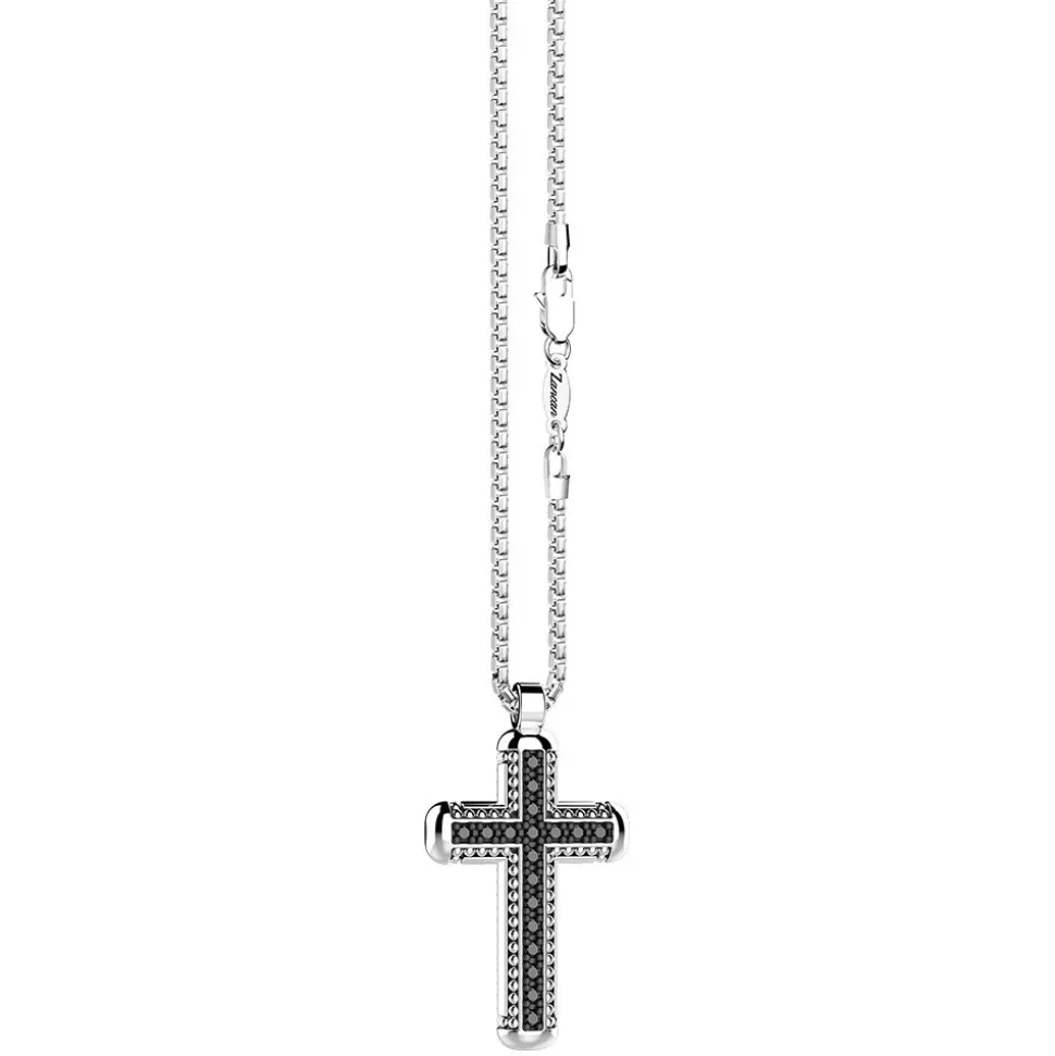 Collana Zancan in argento con pendente a croce e pietre nere.