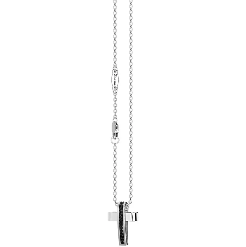 Collana Zancan in argento con pendente a croce e pietre nere.
