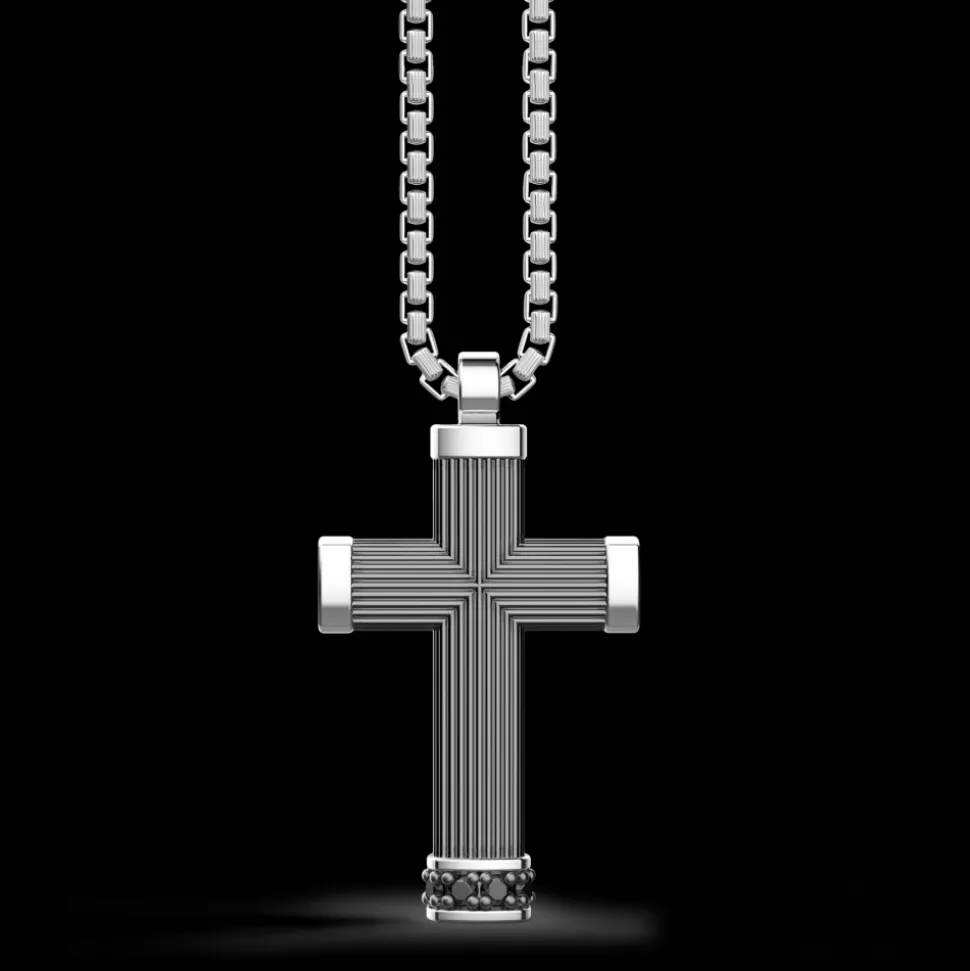 Collana Zancan in argento brunito con pendente a croce e pietre nere.