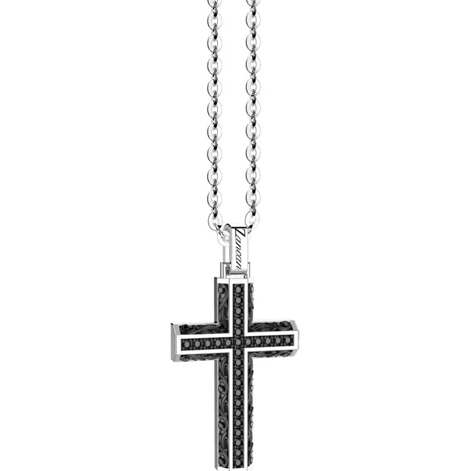 Collana Zancan in argento con pendente a croce e pietre nere.