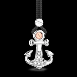 Collana Zancan in kevlar con pendente ad ancora in argento e pietre bianche.