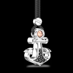 Collana Zancan in kevlar con pendente ad ancora in argento e pietre nere.